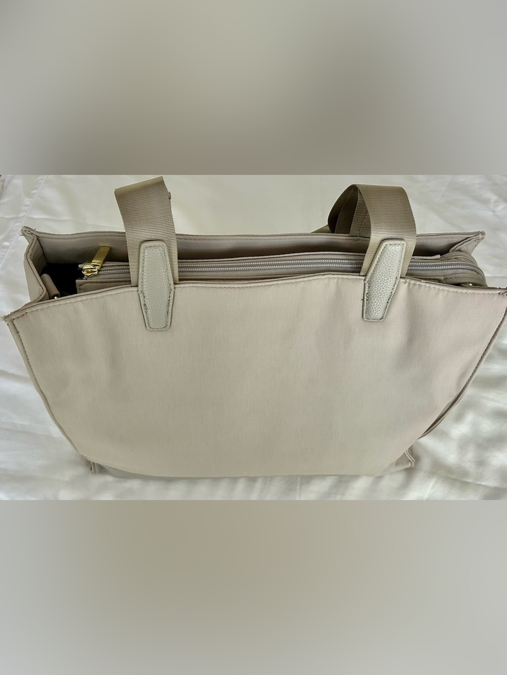Open Story structured taupe work or travel tote bag with multiple compartments